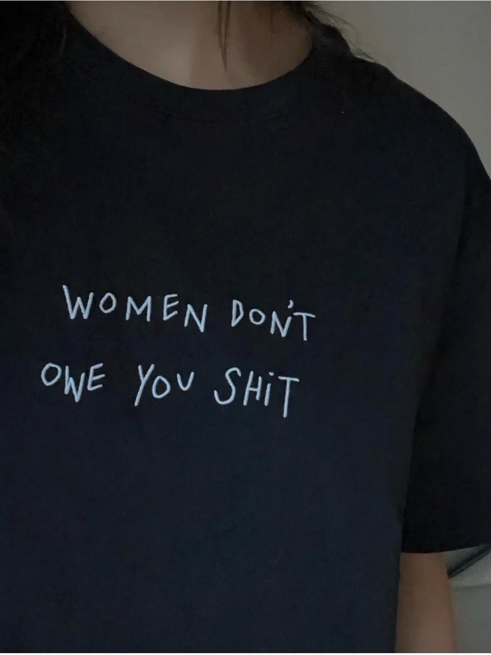 CHNGE Black Organic Cotton Cropped Tee “Women Don’t Owe You Shit” XS EUC